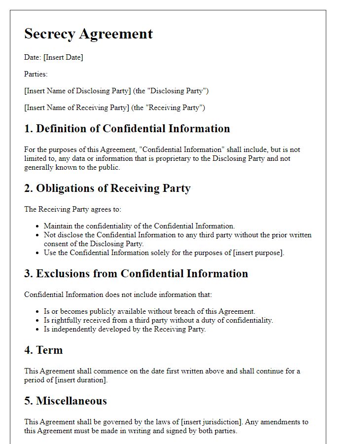 Letter template of secrecy agreement provisions