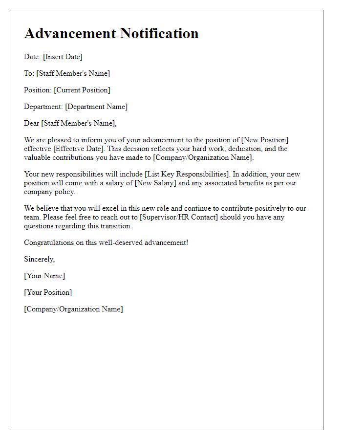 Letter template of Advancement Notification for Staff Member