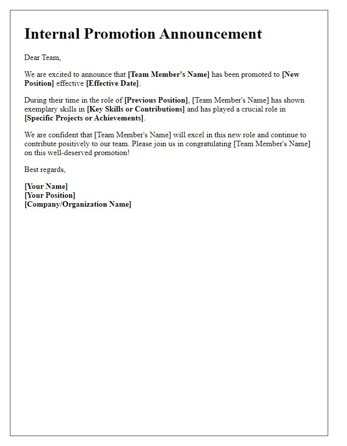 Letter template of Internal Promotion Update for Team Member