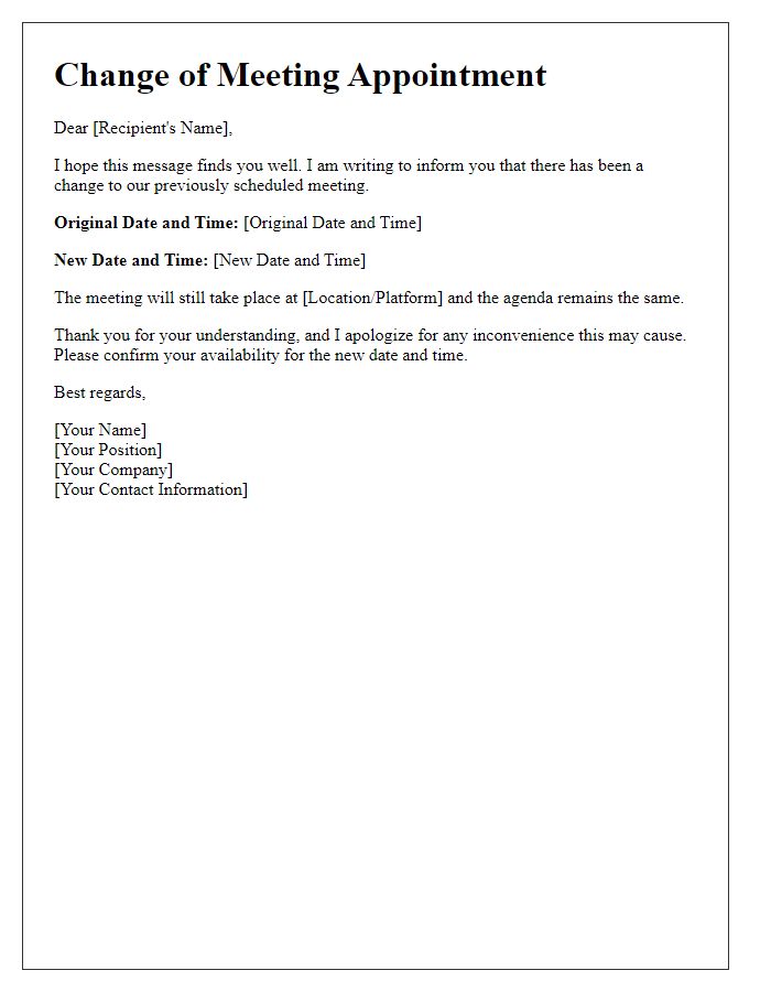 Letter template of changed meeting appointment