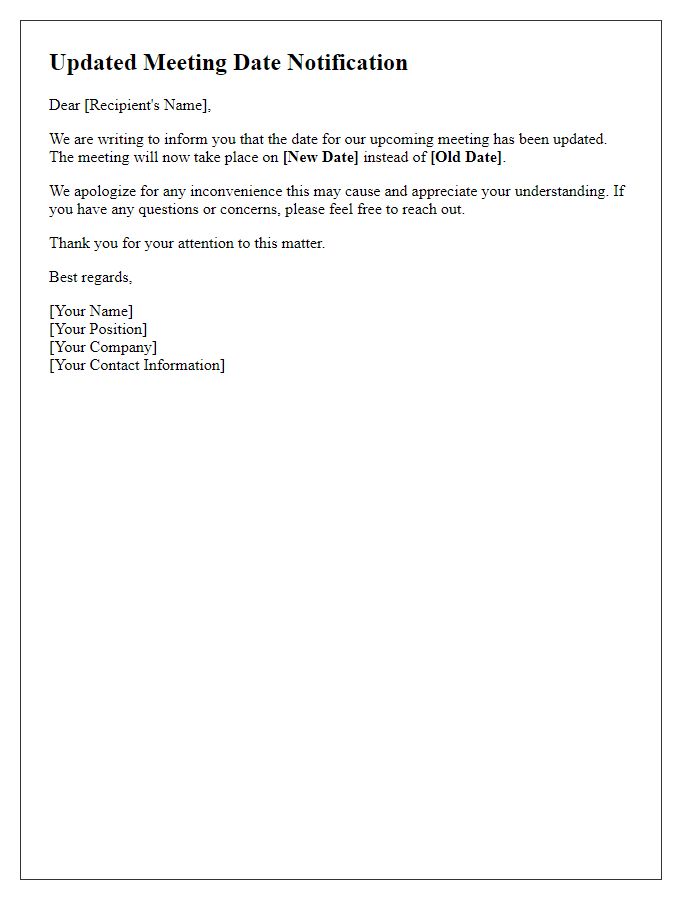 Letter template of updated meeting date communication