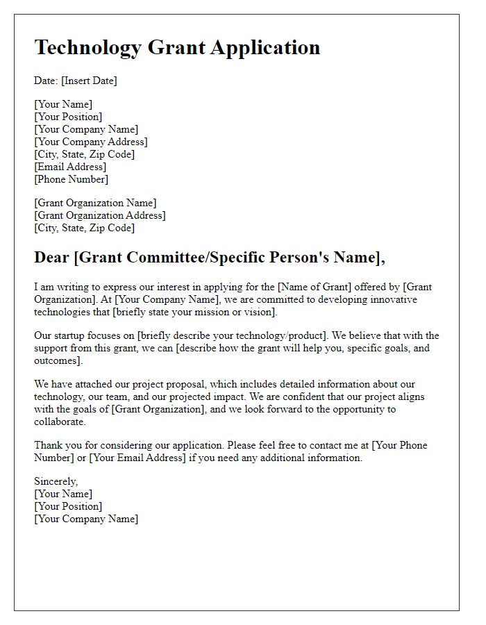 Letter template of technology grant application for startups