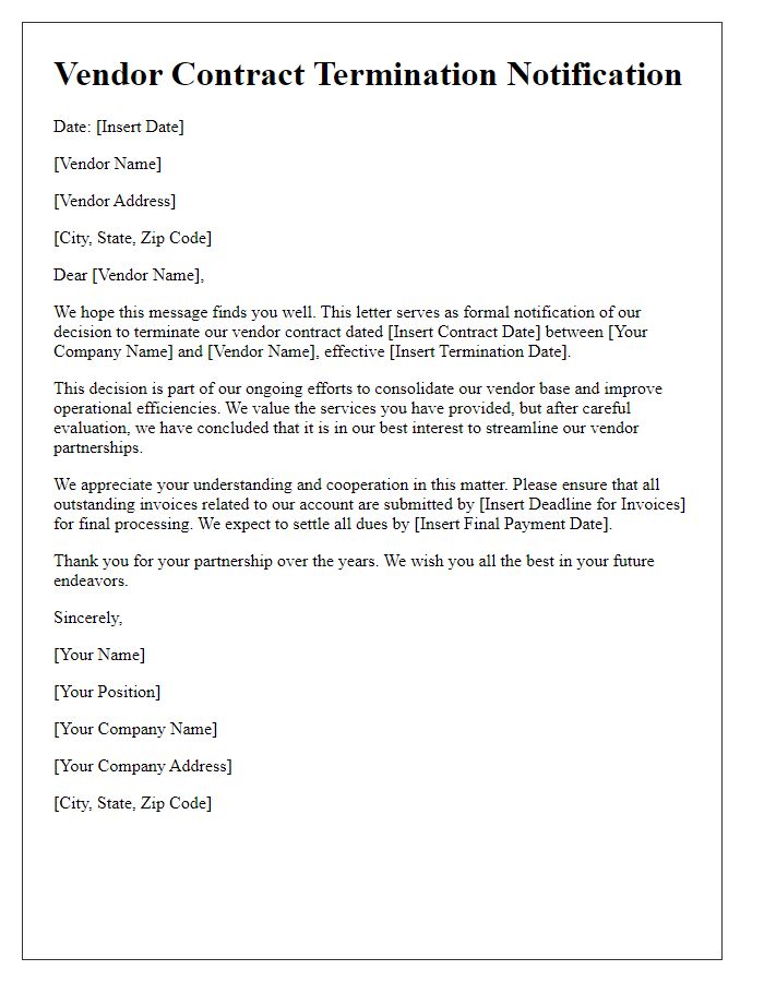 Letter template of vendor contract termination as part of vendor consolidation