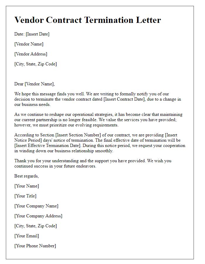 Letter template of vendor contract termination based on change in business needs