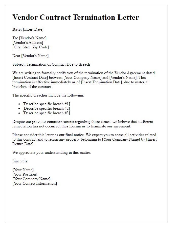 Letter template of vendor contract termination for breach of contract