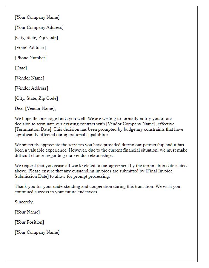 Letter template of vendor contract termination for budgetary constraints