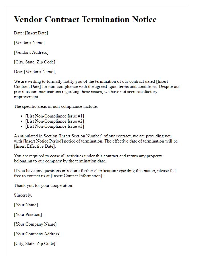 Letter template of vendor contract termination for non-compliance with terms