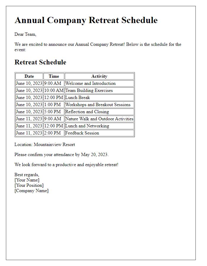 Letter template of annual company retreat schedule