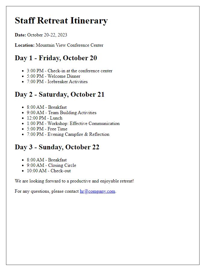 Letter template of staff retreat itinerary