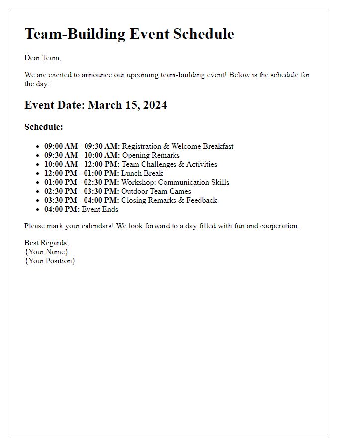 Letter template of team-building event schedule