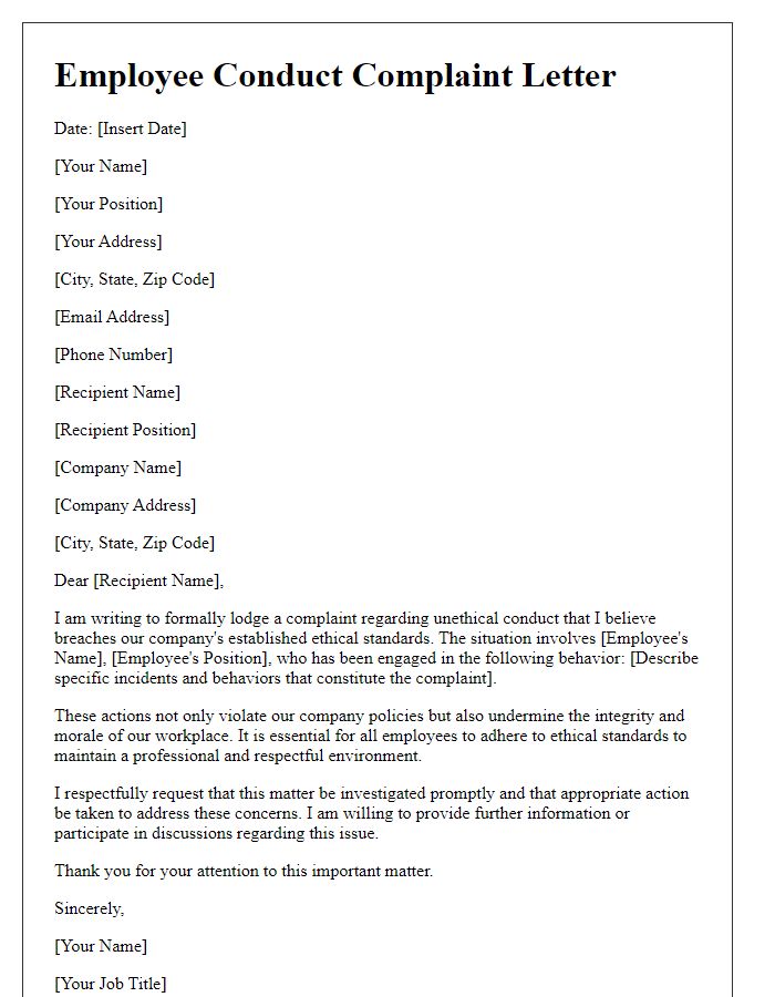 Letter template of employee conduct complaint about ethical standards breaches.