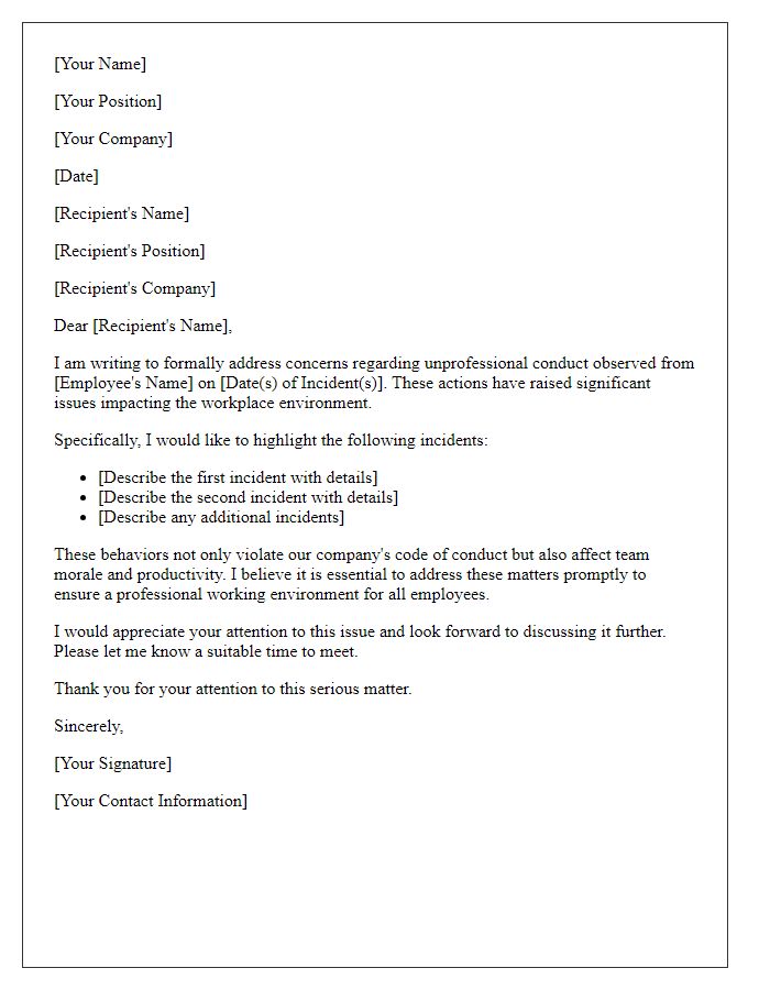 Letter template of employee conduct complaint concerning unprofessional actions.