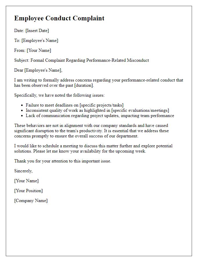 Letter template of employee conduct complaint focused on performance-related misconduct.