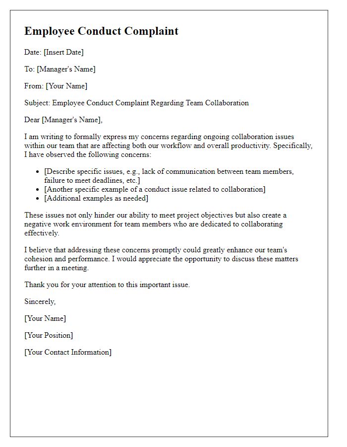 Letter template of employee conduct complaint on team collaboration issues.