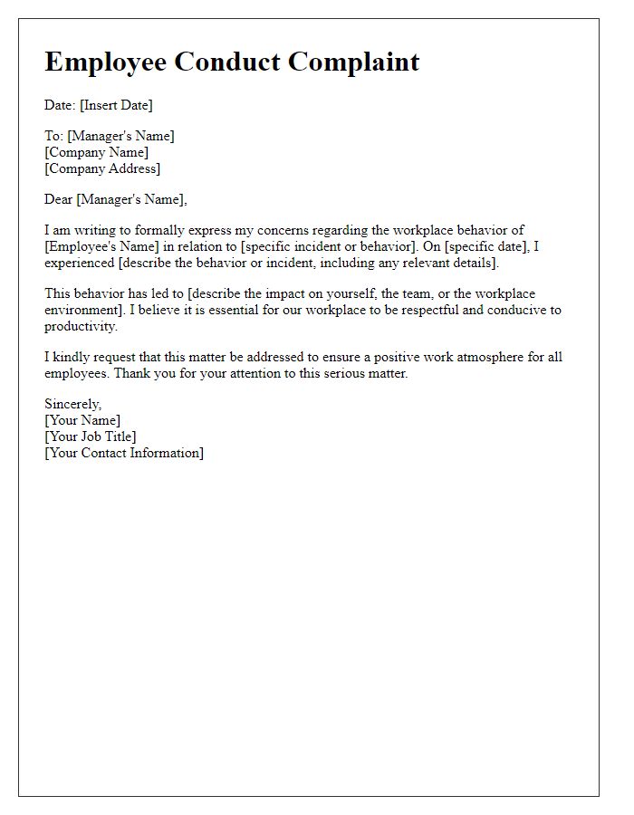 Letter template of employee conduct complaint regarding workplace behavior.