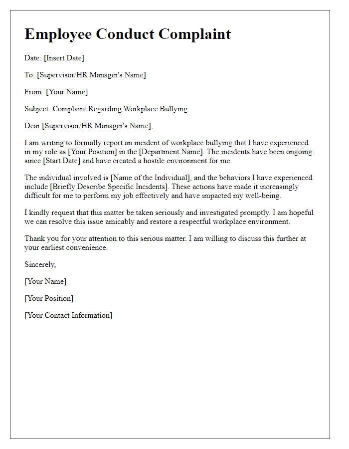 Letter template of employee conduct complaint regarding workplace bullying.