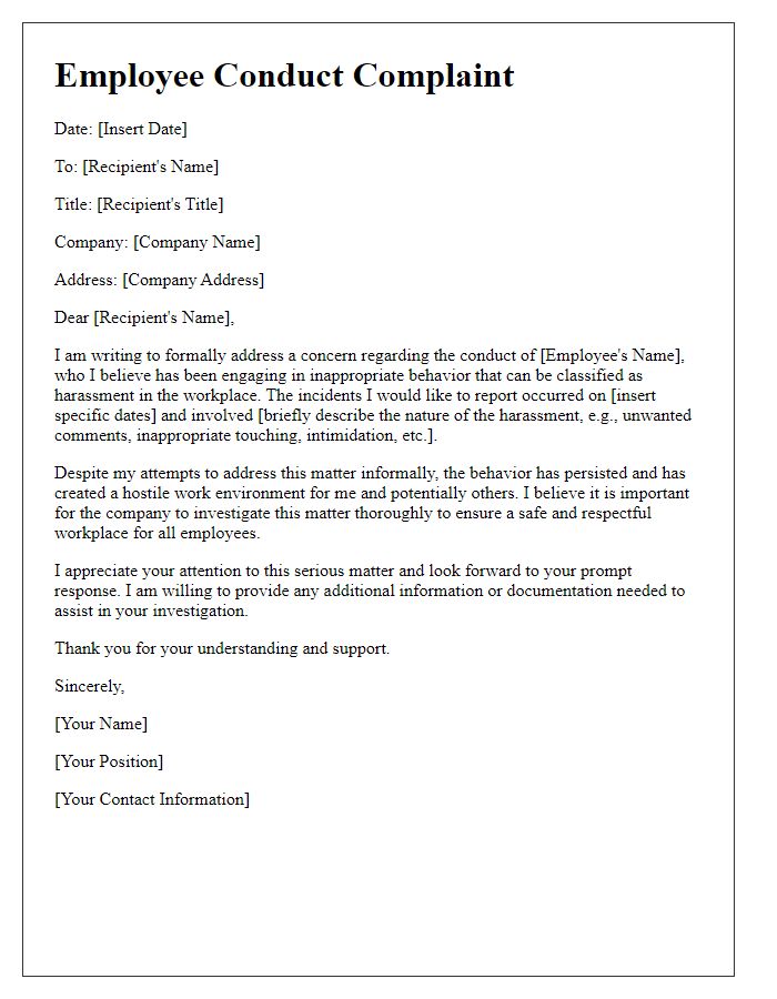 Letter template of employee conduct complaint related to harassment issues.