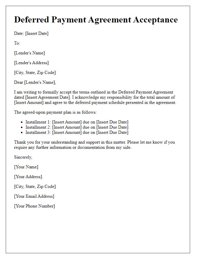 Letter template of Deferred Payment Agreement Acceptance