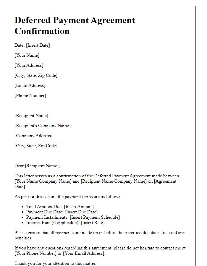 Letter template of Deferred Payment Agreement Confirmation