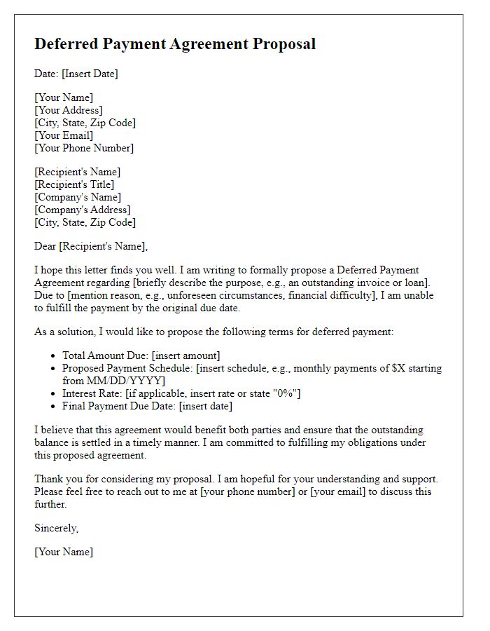 Letter template of Formal Deferred Payment Agreement Proposal