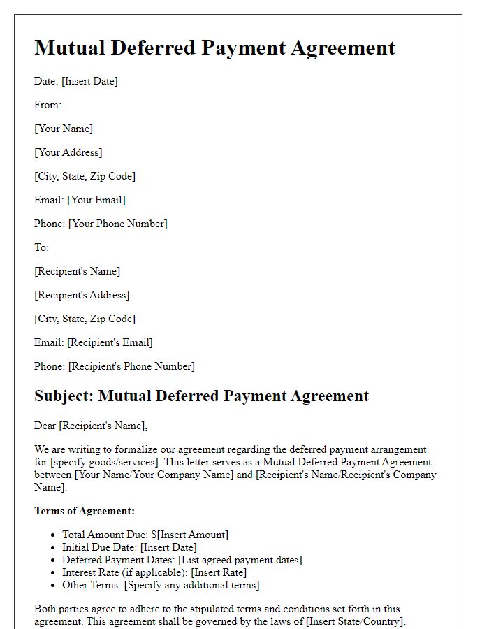 Letter template of Mutual Deferred Payment Agreement