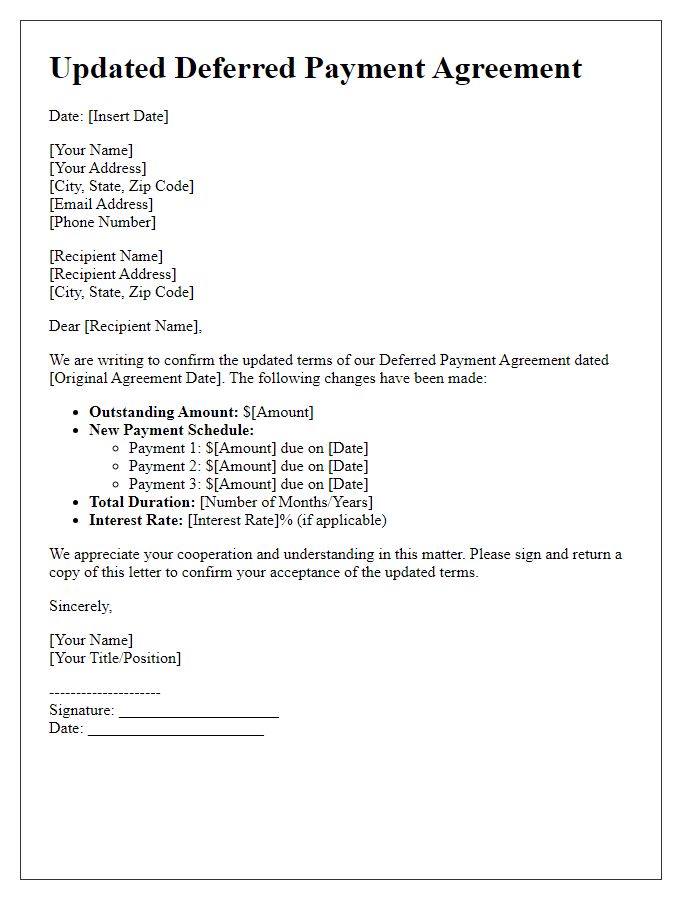 Letter template of Updated Deferred Payment Agreement