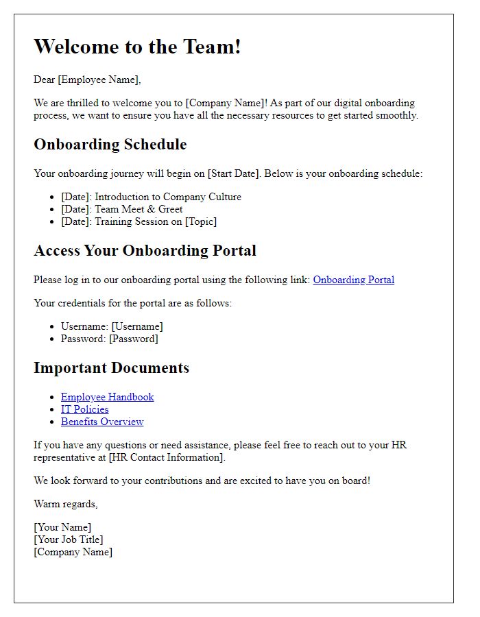 Letter template of digital onboarding experience for staff members