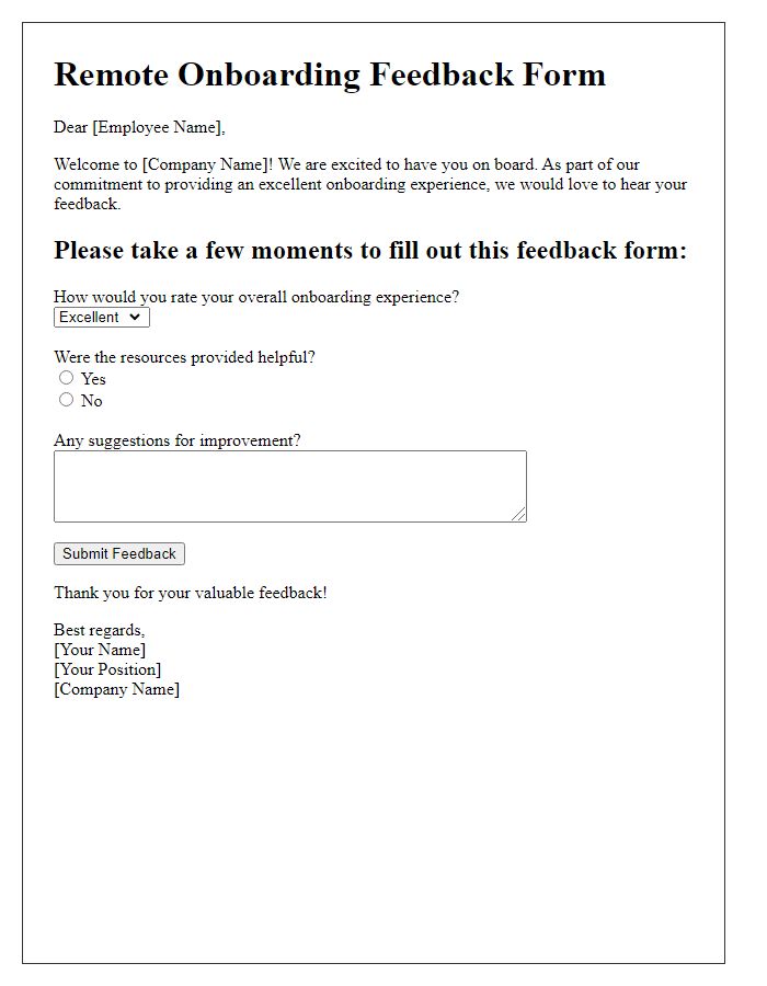 Letter template of remote onboarding feedback form for new hires