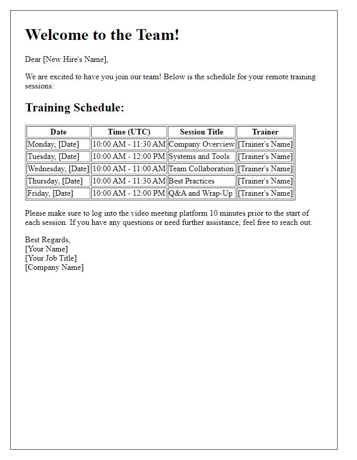 Letter template of remote training schedule for new hires