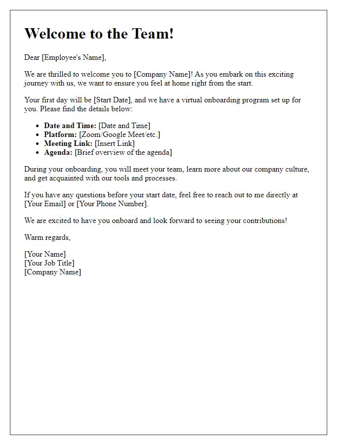 Letter template of virtual welcome letter for onboarding