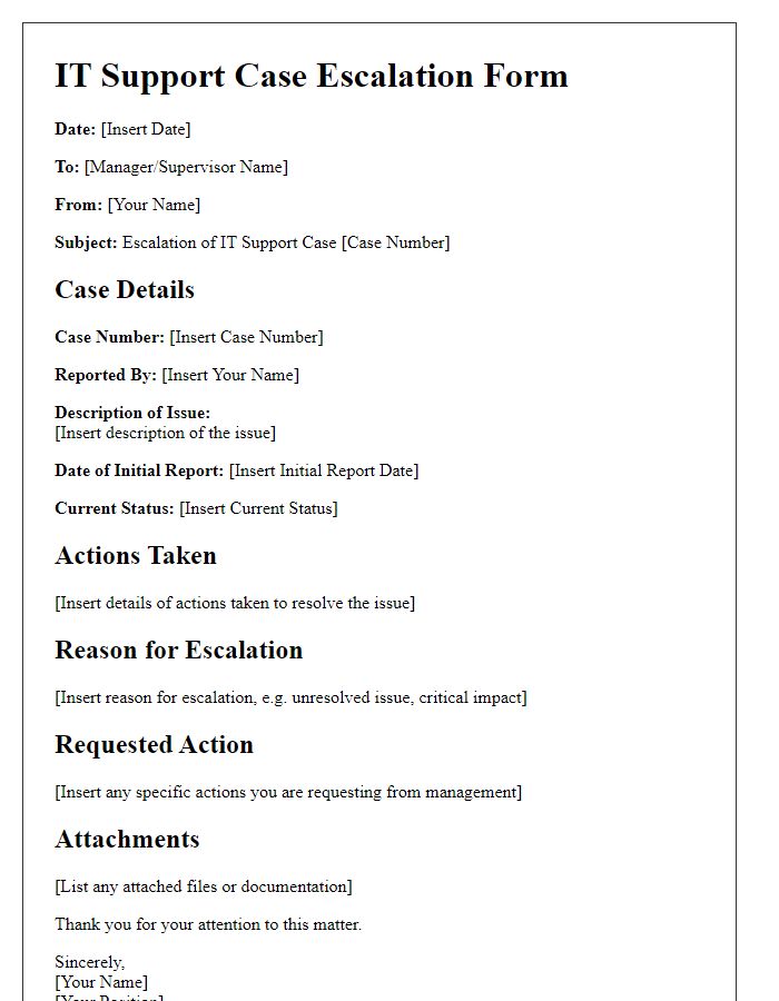 Letter template of IT support case escalation form