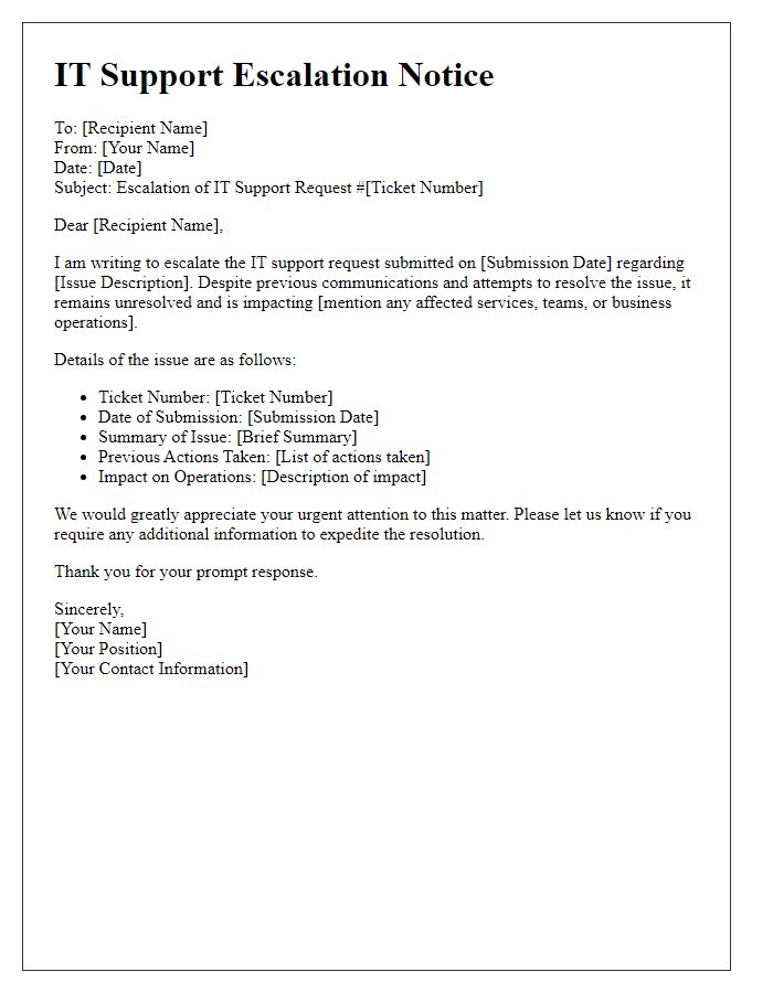 Letter template of IT support escalation communication