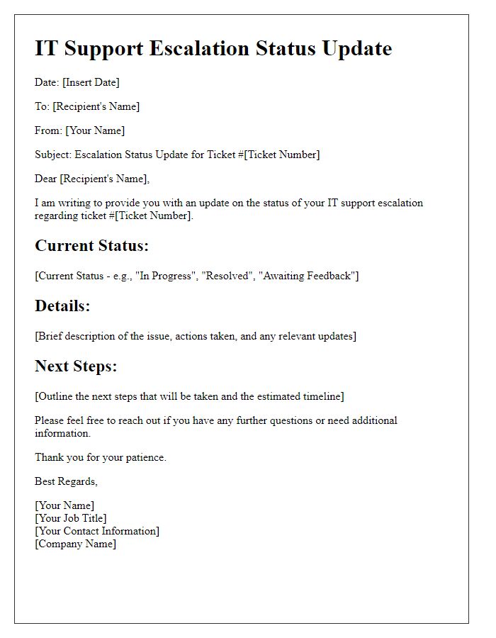 Letter template of IT support escalation status update