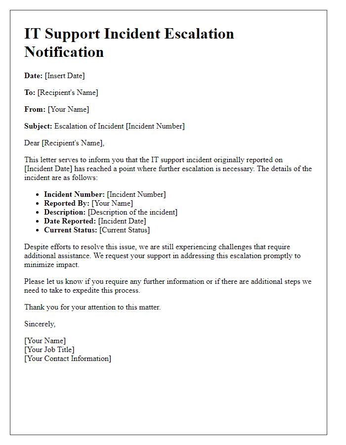 Letter template of IT support incident escalation notification