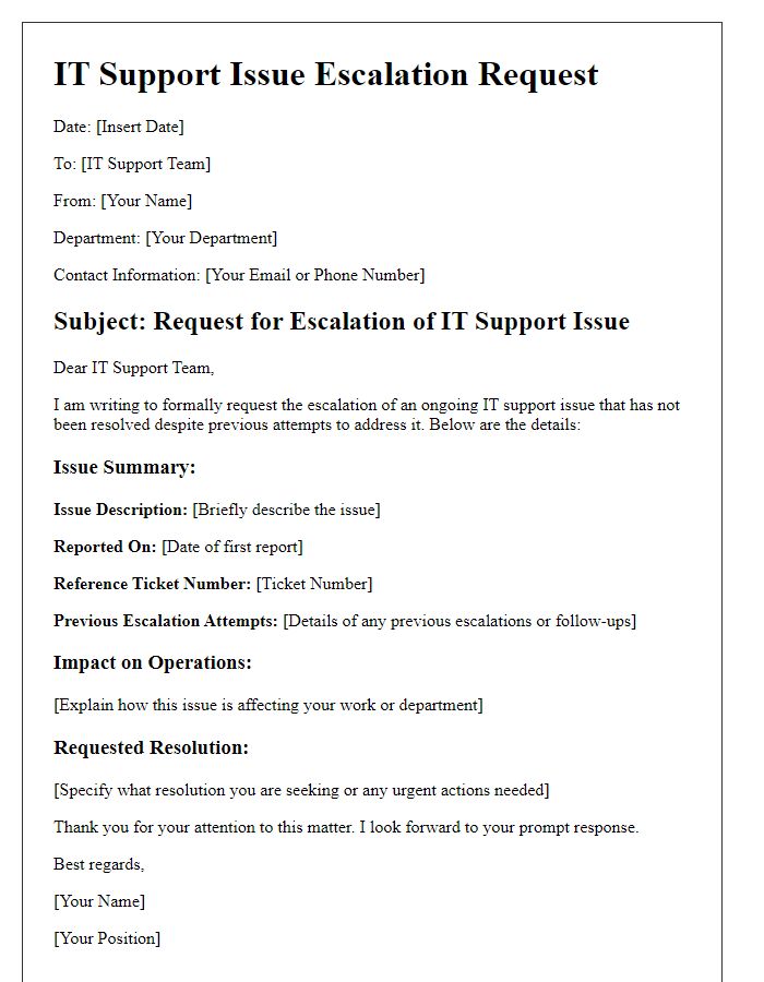 Letter template of IT support issue escalation request