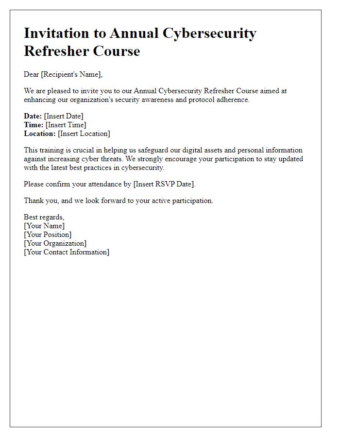 Letter template of Cybersecurity Training Invitation for Annual Refresher Course