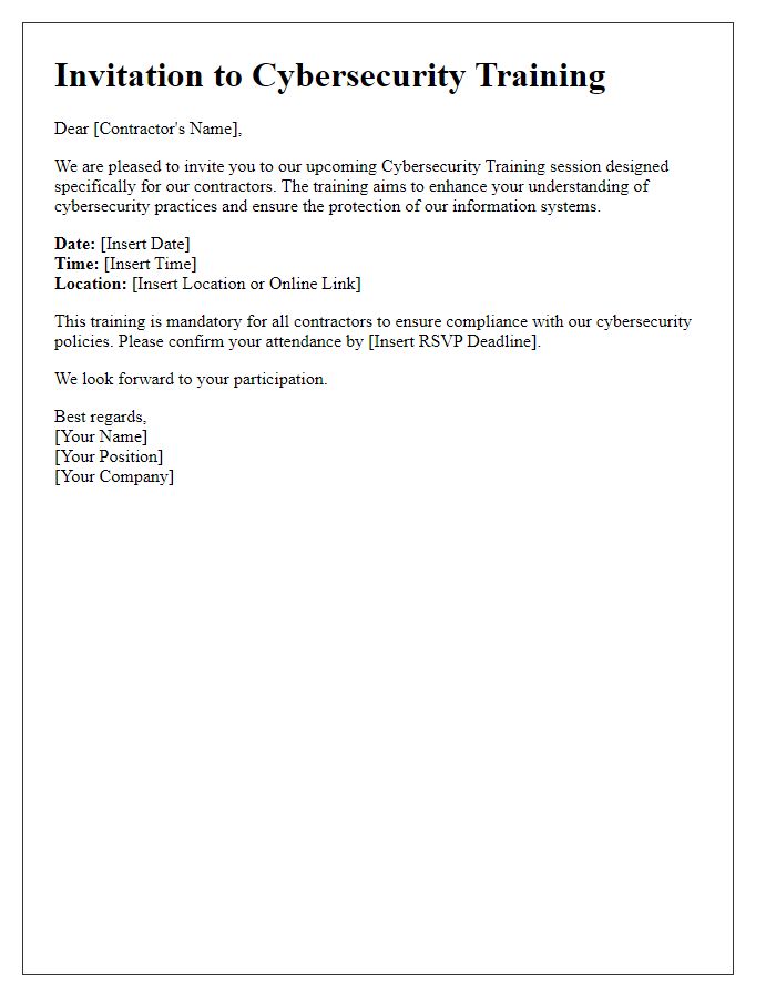 Letter template of Cybersecurity Training Invitation for Contractors