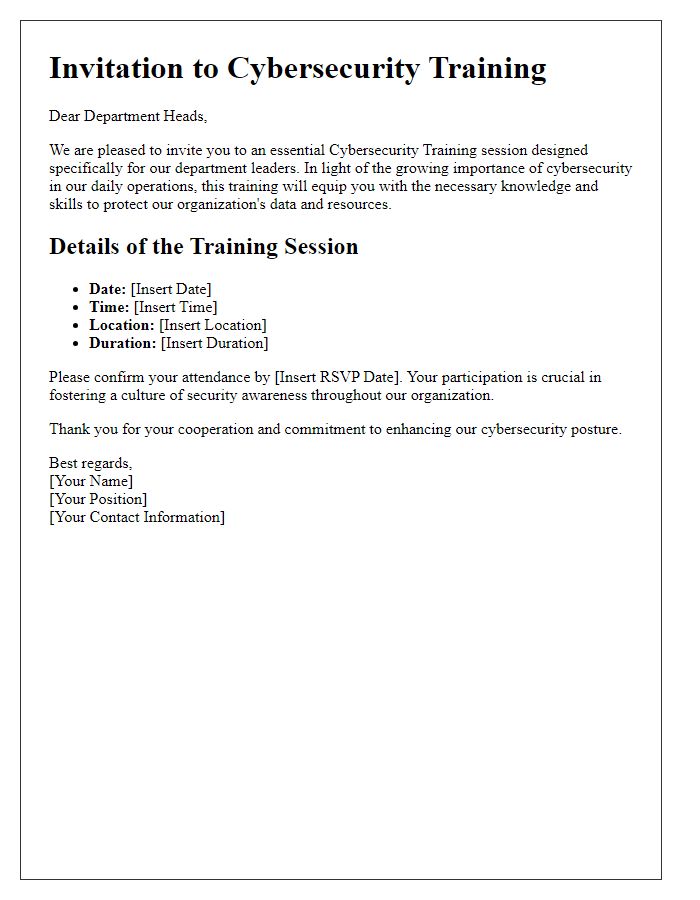 Letter template of Cybersecurity Training Invitation for Department Heads