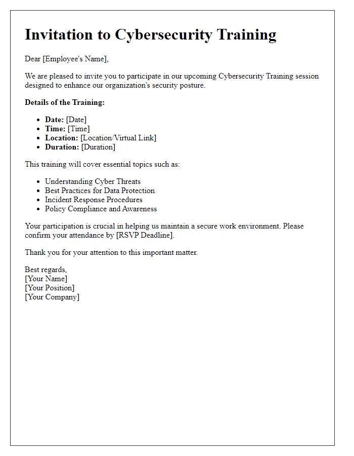 Letter template of Cybersecurity Training Invitation for Employees