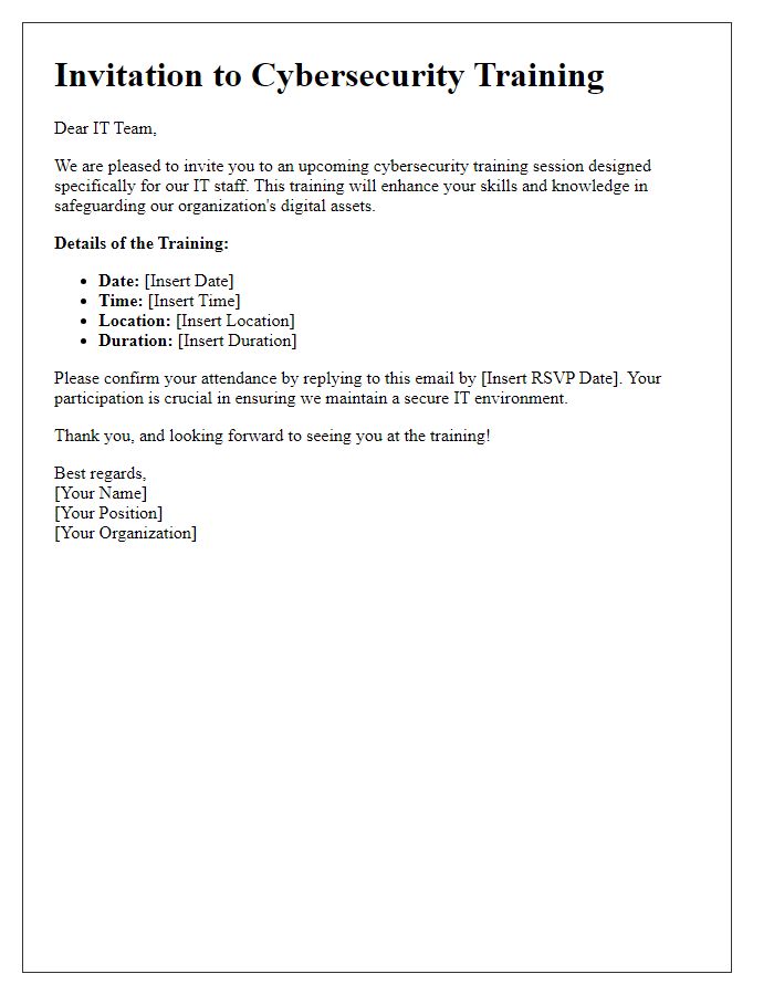 Letter template of Cybersecurity Training Invitation for IT Staff