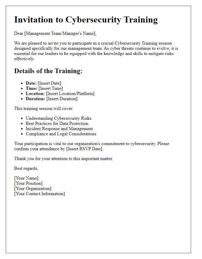 Letter template of Cybersecurity Training Invitation for Management