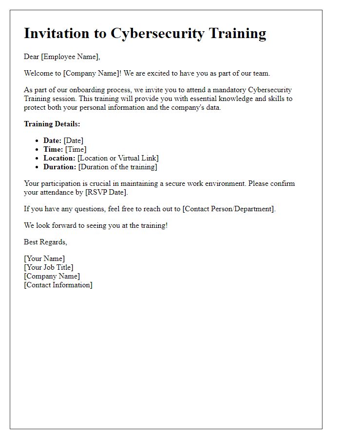 Letter template of Cybersecurity Training Invitation for New Hires