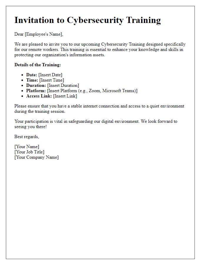 Letter template of Cybersecurity Training Invitation for Remote Workers