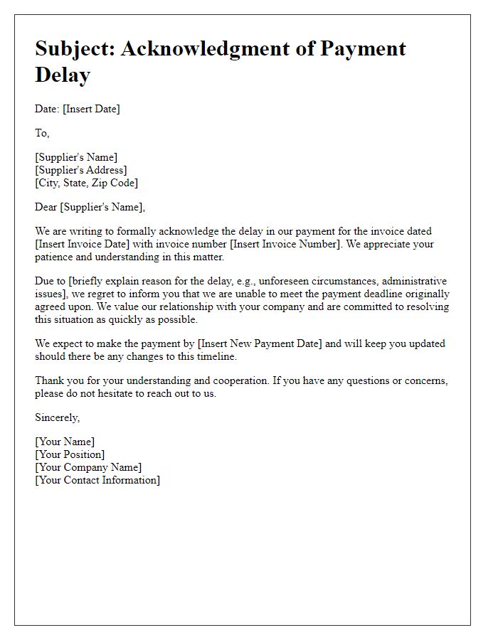 Letter template of acknowledgment for payment delay to supplier