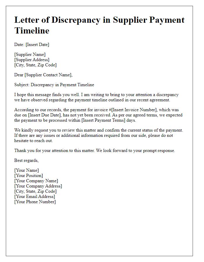 Letter template of discrepancy in supplier payment timeline