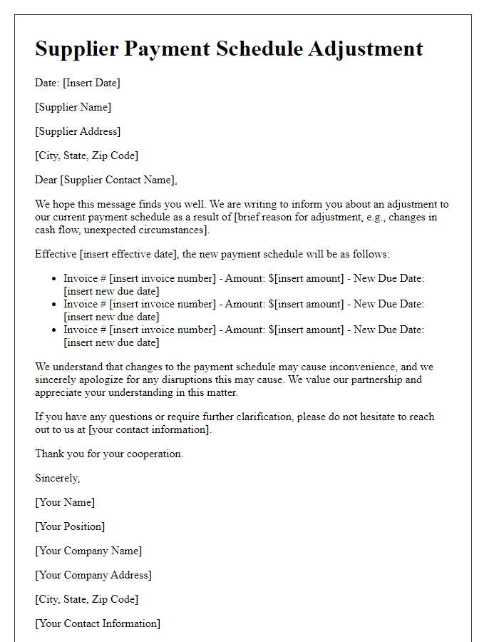 Letter template of supplier payment schedule adjustment