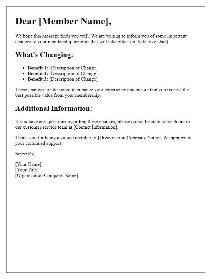 Letter template of Changes to Your Membership Benefits