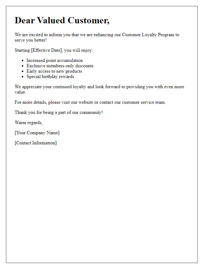 Letter template of Customer Loyalty Program Enhancement Notification