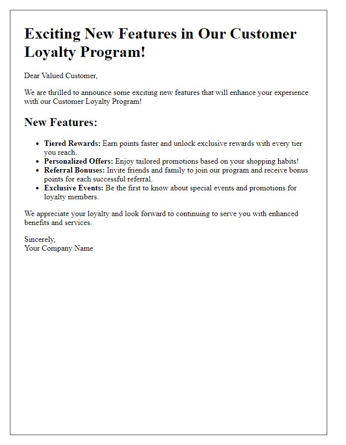 Letter template of New Features in Customer Loyalty Program