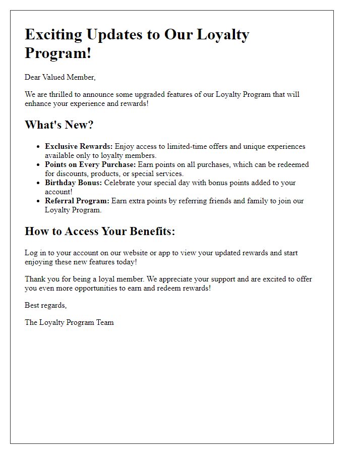 Letter template of Upgraded Loyalty Program Features